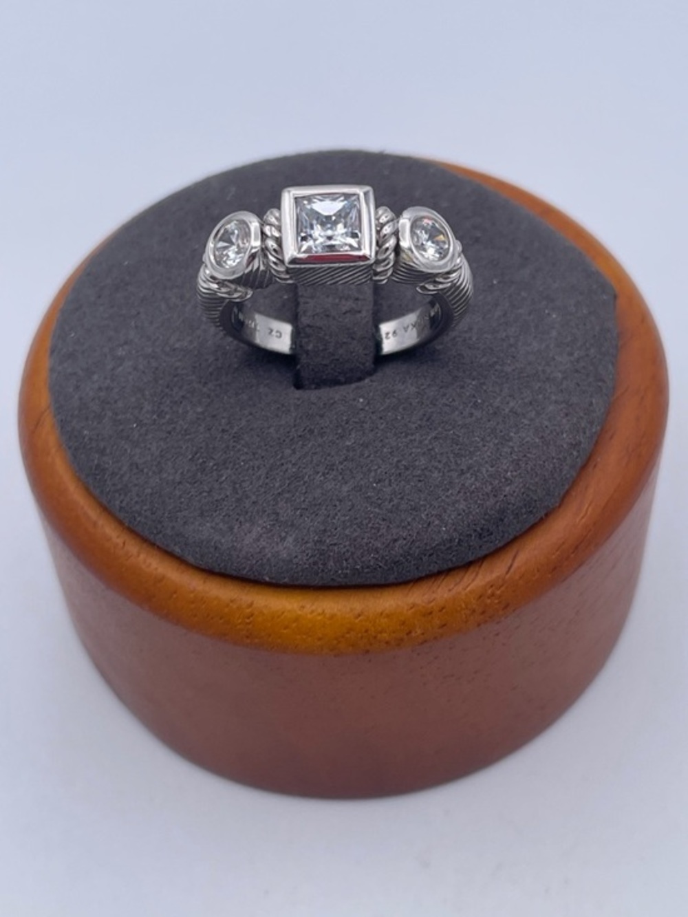 Judith Ripka Sterling Silver 925 CZ Three Stone Ring Princess Cut Center Size 7